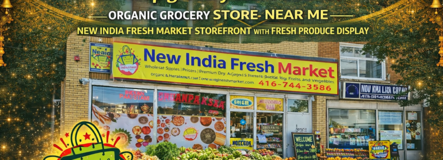 Organic grocery store near me — New India Fresh Market storefront with fresh produce display