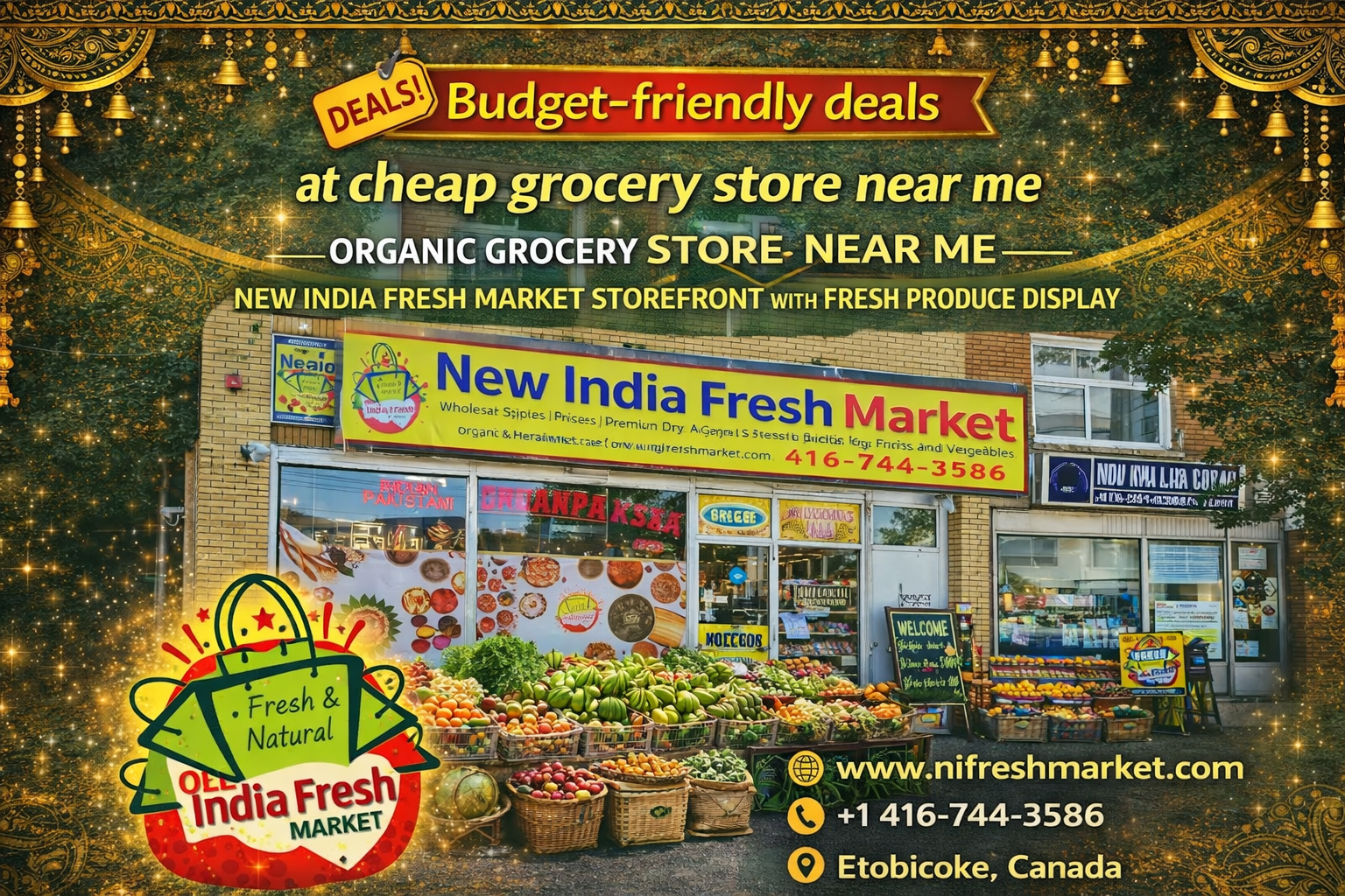 Organic grocery store near me — New India Fresh Market storefront with fresh produce display
