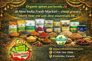 Organic spices and lentils at New India Fresh Market — cheap grocery store near me with desi essentials