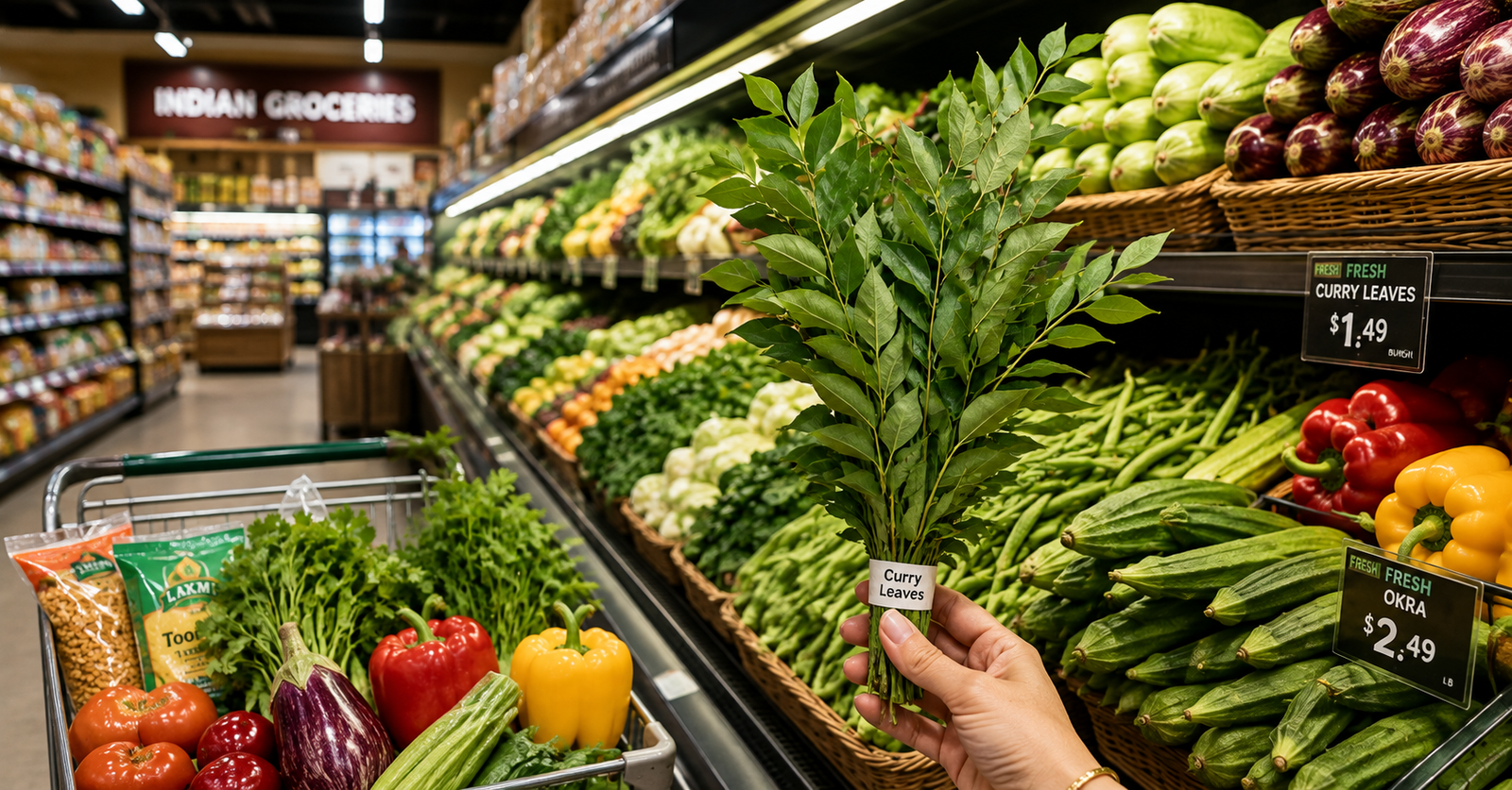 Fresh produce aisle at Indian Grocery Stores Near Me with curry leaves and vegetables